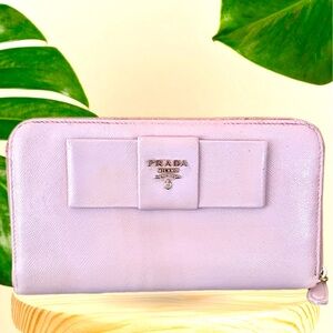 Prada Pink Saffiano Leather Bow Zip Around Wallet Long Wallet Authentic